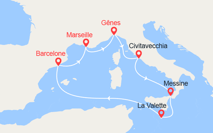 Carte Croisière Italie, Sicile, Malte, Barcelone